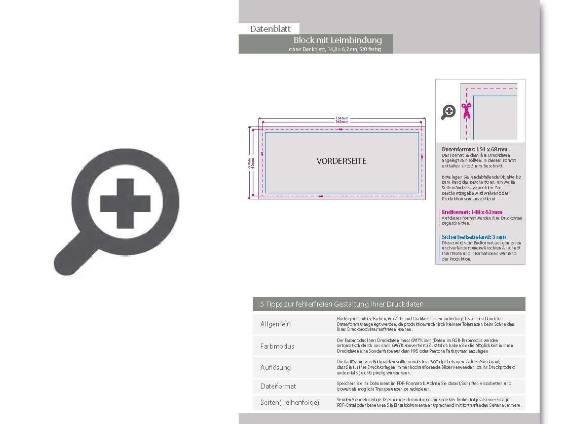 Product Bild block_mit_leimbindung__14_8_cm_x_6_2_cm__100_blatt__5_0_farbig_einseitig_bedruckt_(cmyk_4-farbig_+_1_sonderfarbe_hks_oder_pantone)